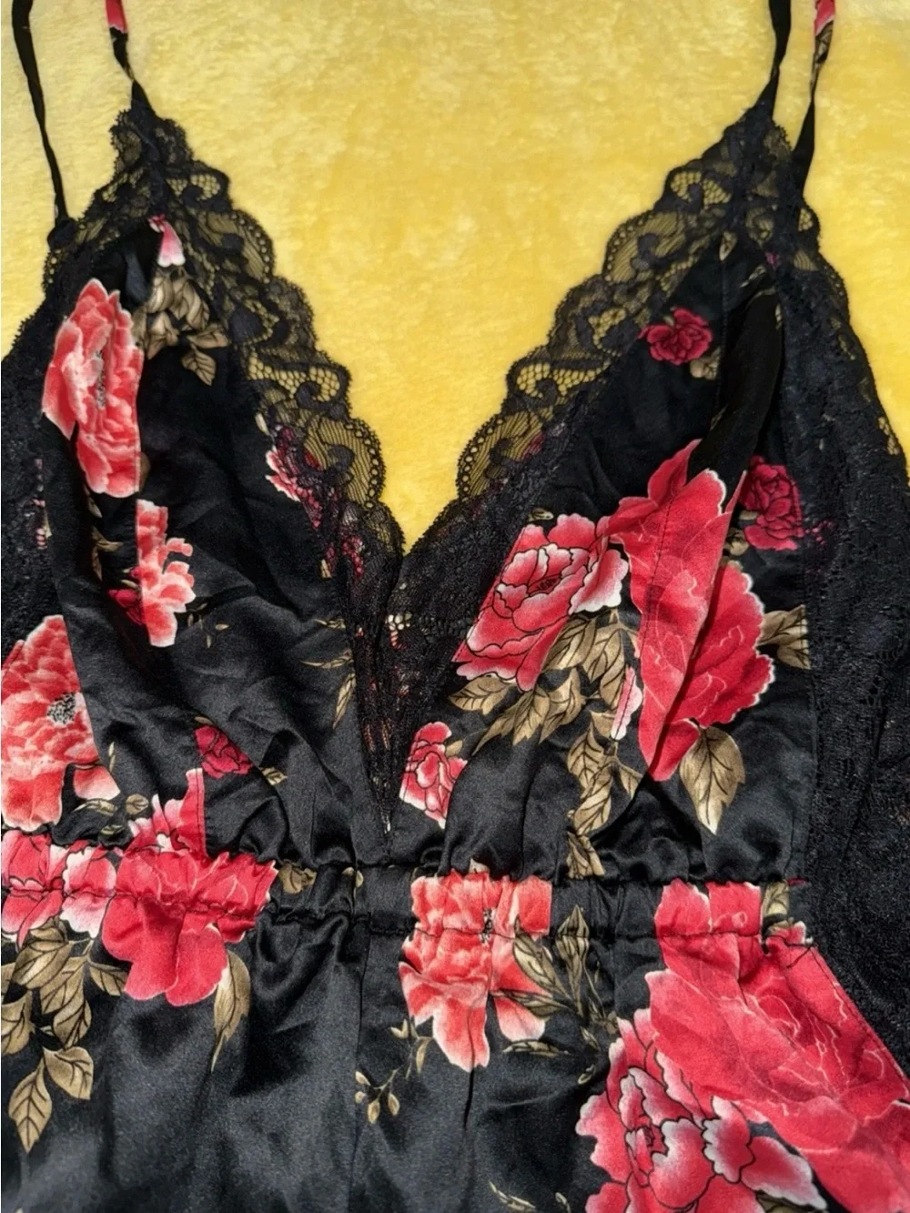 Forever 21 Black Satin Floral Lace Romper size S